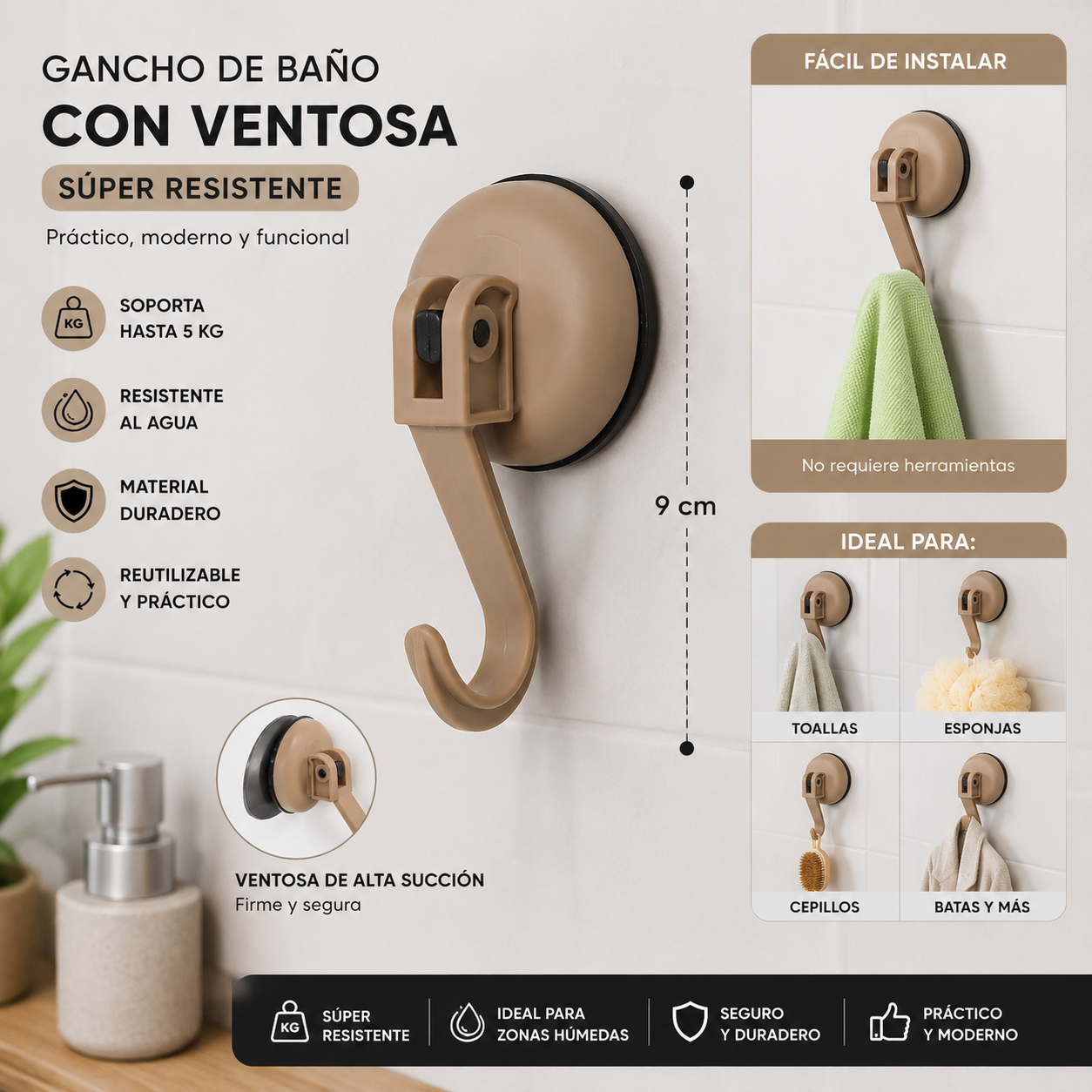 GANCHO PARA BAÑO VENTOSA RESISTENTE
